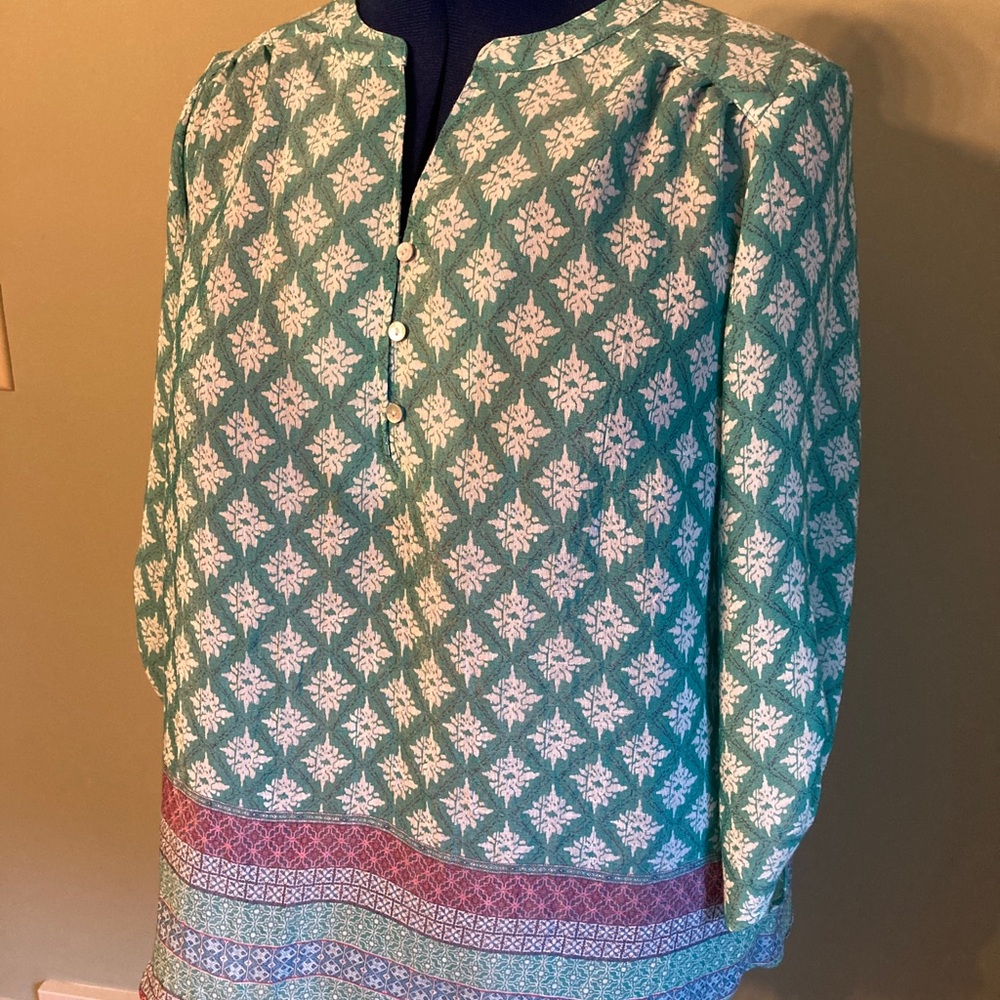 Mint pink & blue border print hippie peasant shirt